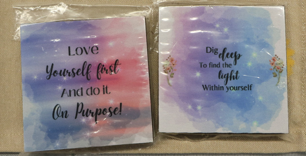 Two motivational sets of coasters with inspirational messages.
